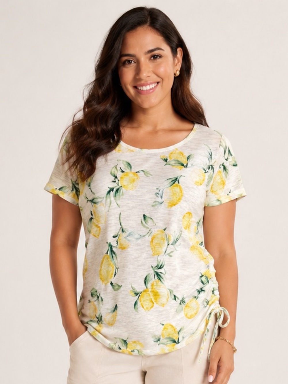 Belle by Kim Gravel Slub Knit Side Ruched Print Top Small new A594810